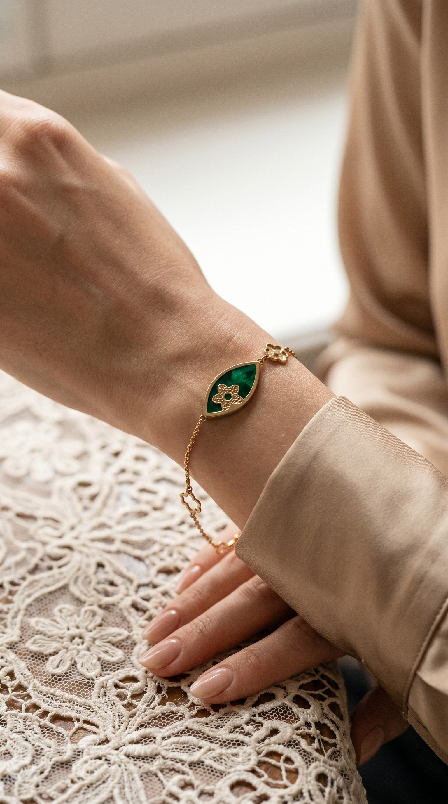 Emerald Orbit 18K Gold Chain Bracelet with Malachite Stone