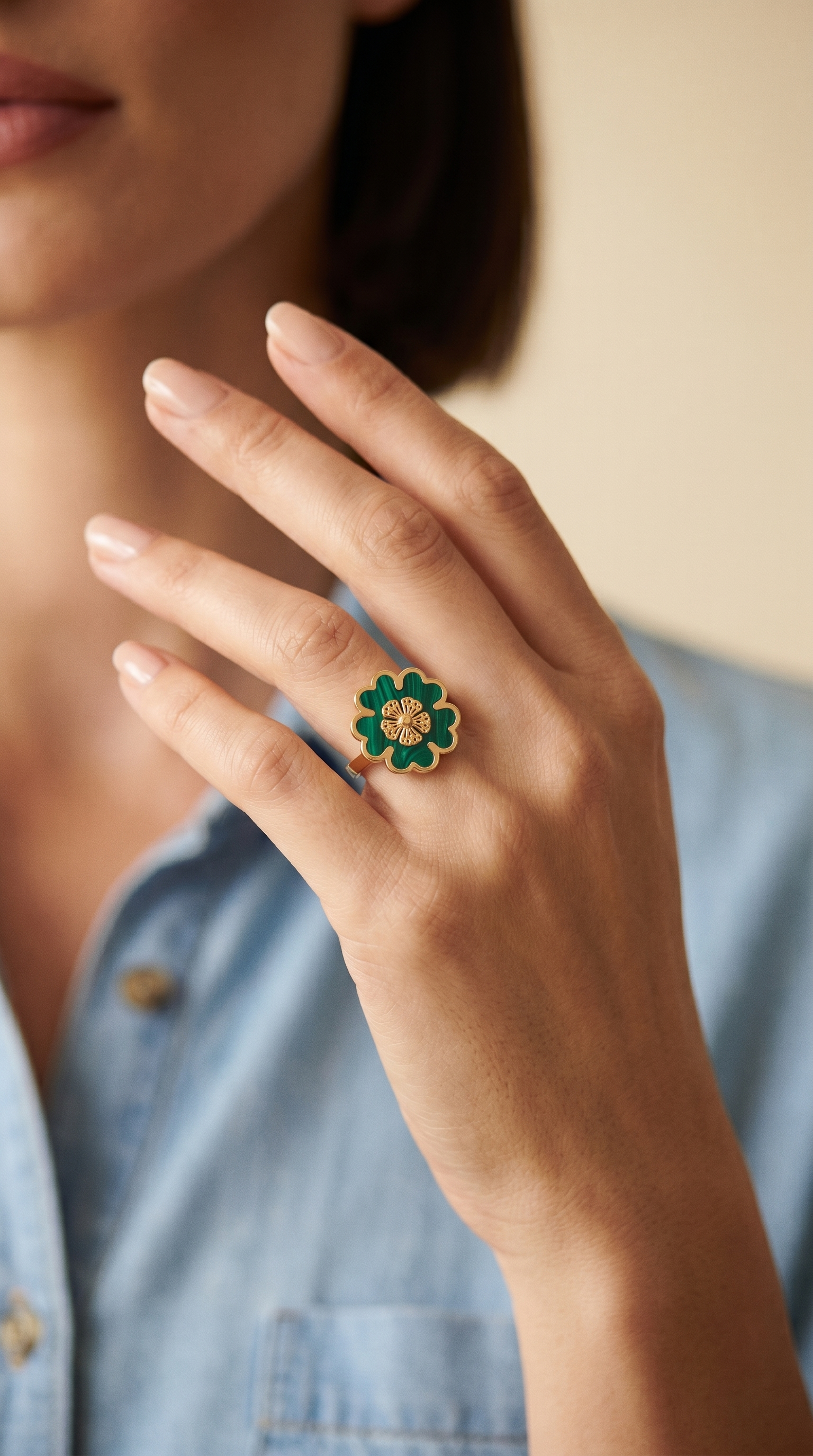 Malachite Clover 18K Gold Floral Ring
