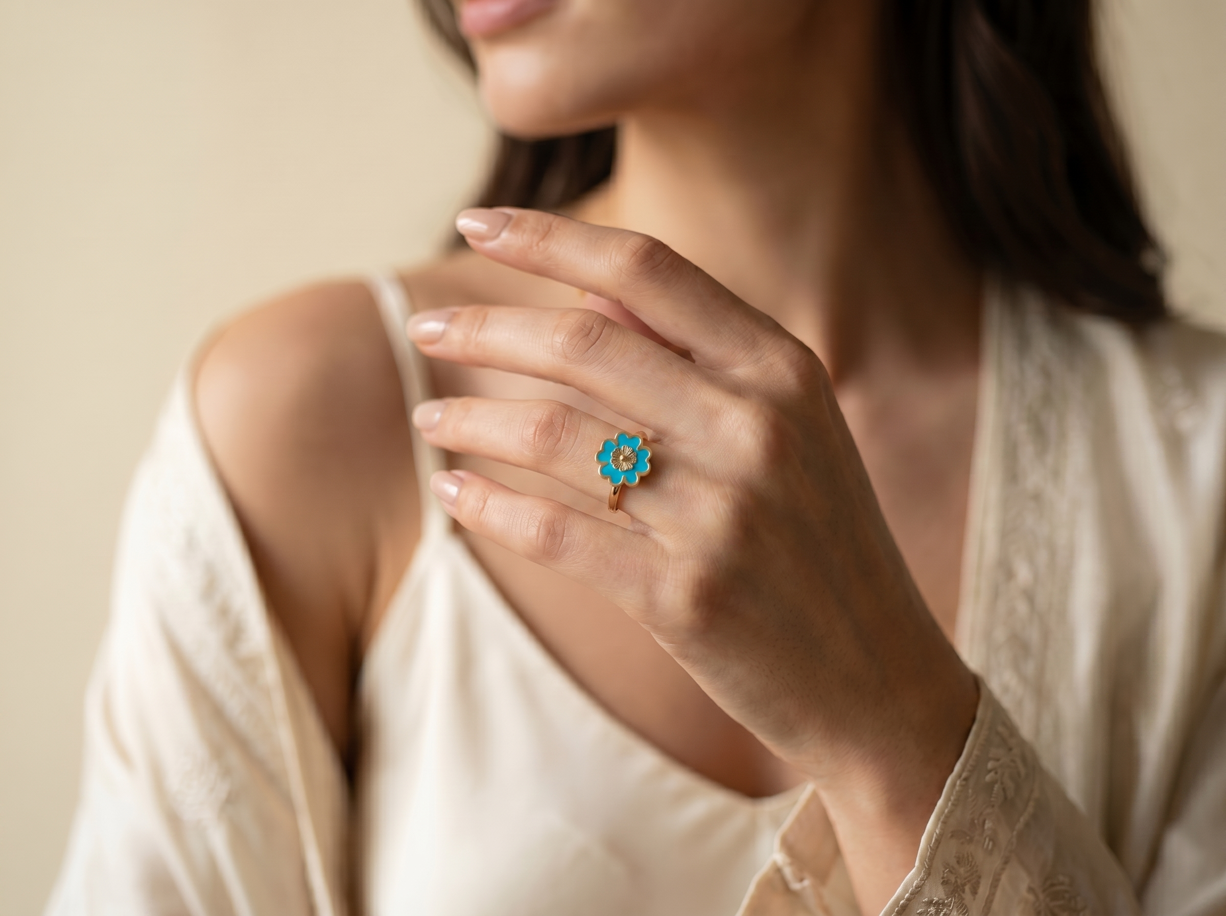 Sky Petal 18K Gold Blue Flower Ring