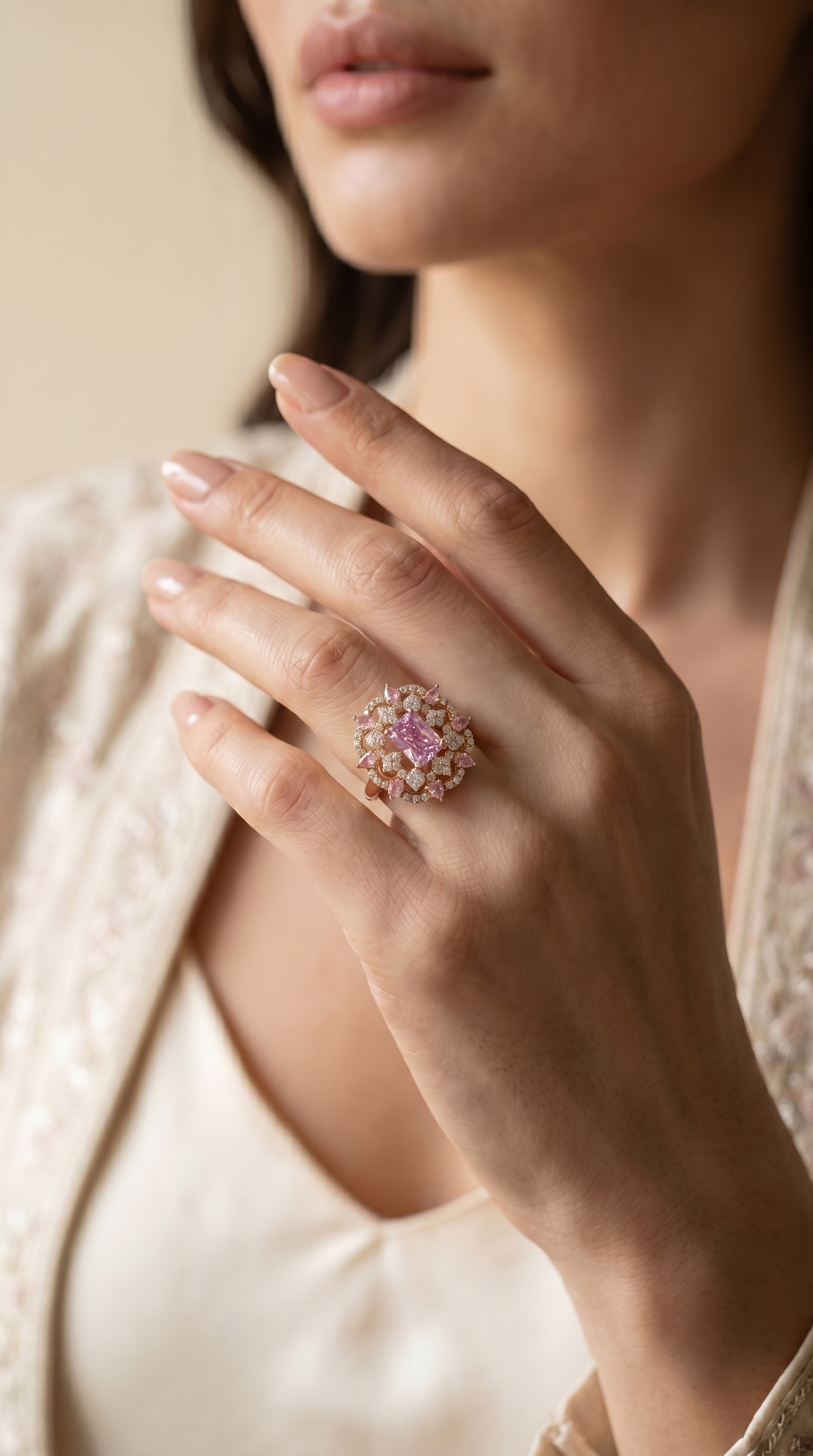 Majestic Petal 18K Gold Cocktail Ring with Pink Stone