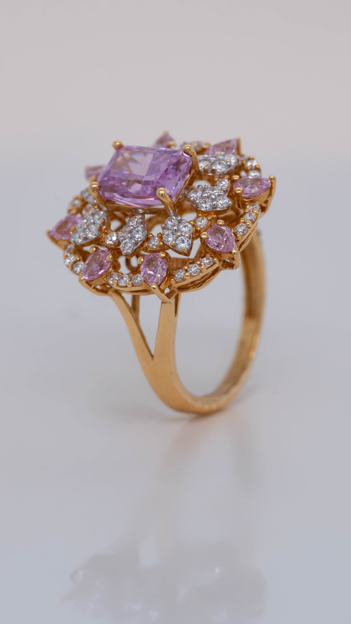 Majestic Petal 18K Gold Cocktail Ring with Pink Stone