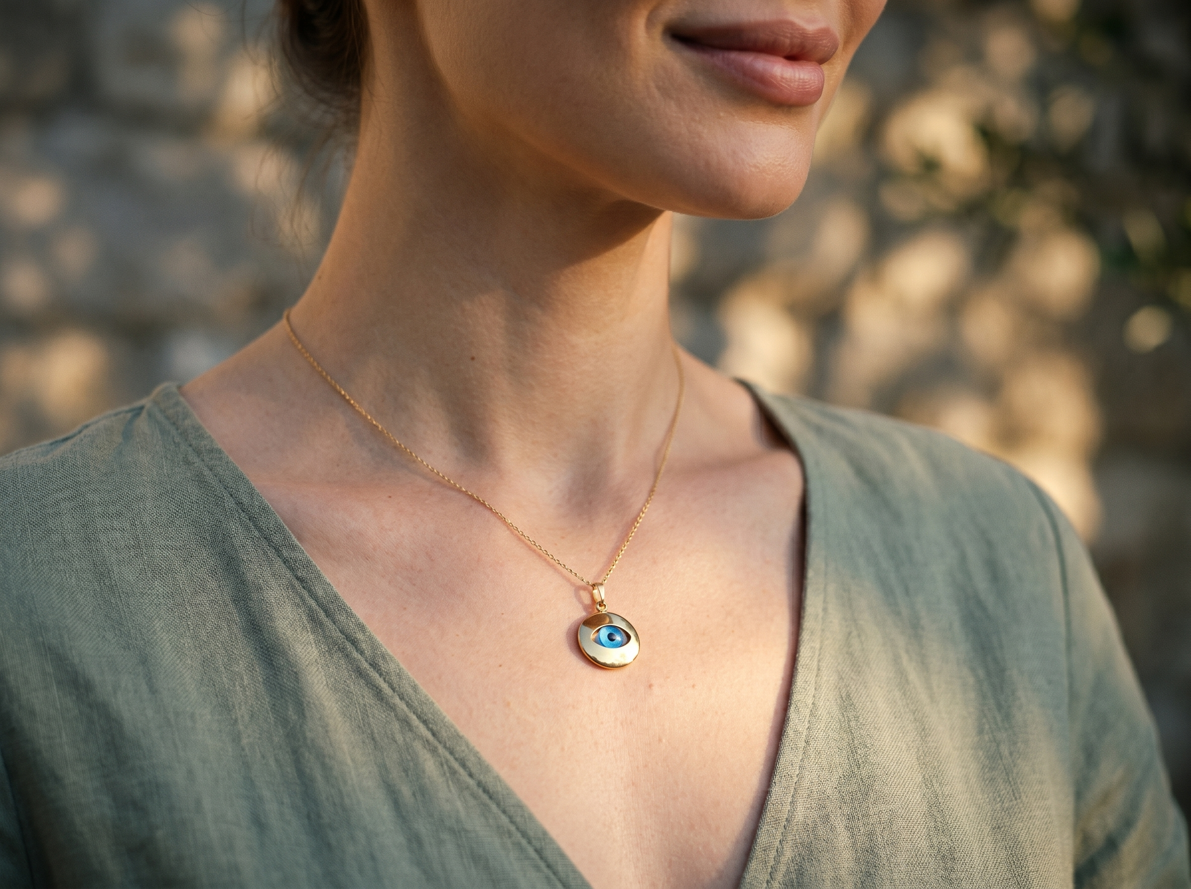 Gold Iris Halo Evil Eye 18K Pendant with Blue Nazar Stone