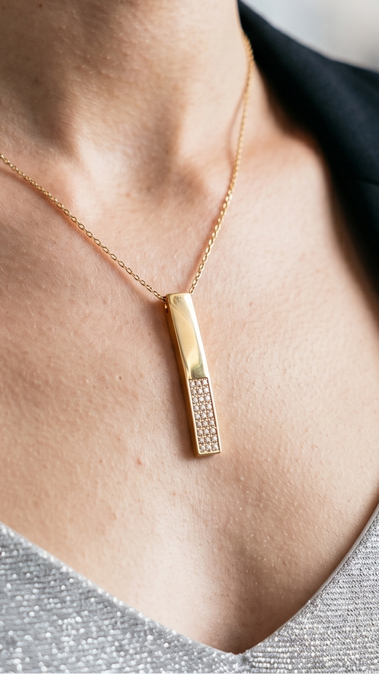 Lustrous  Bar 18K Gold  Necklace with Zircon