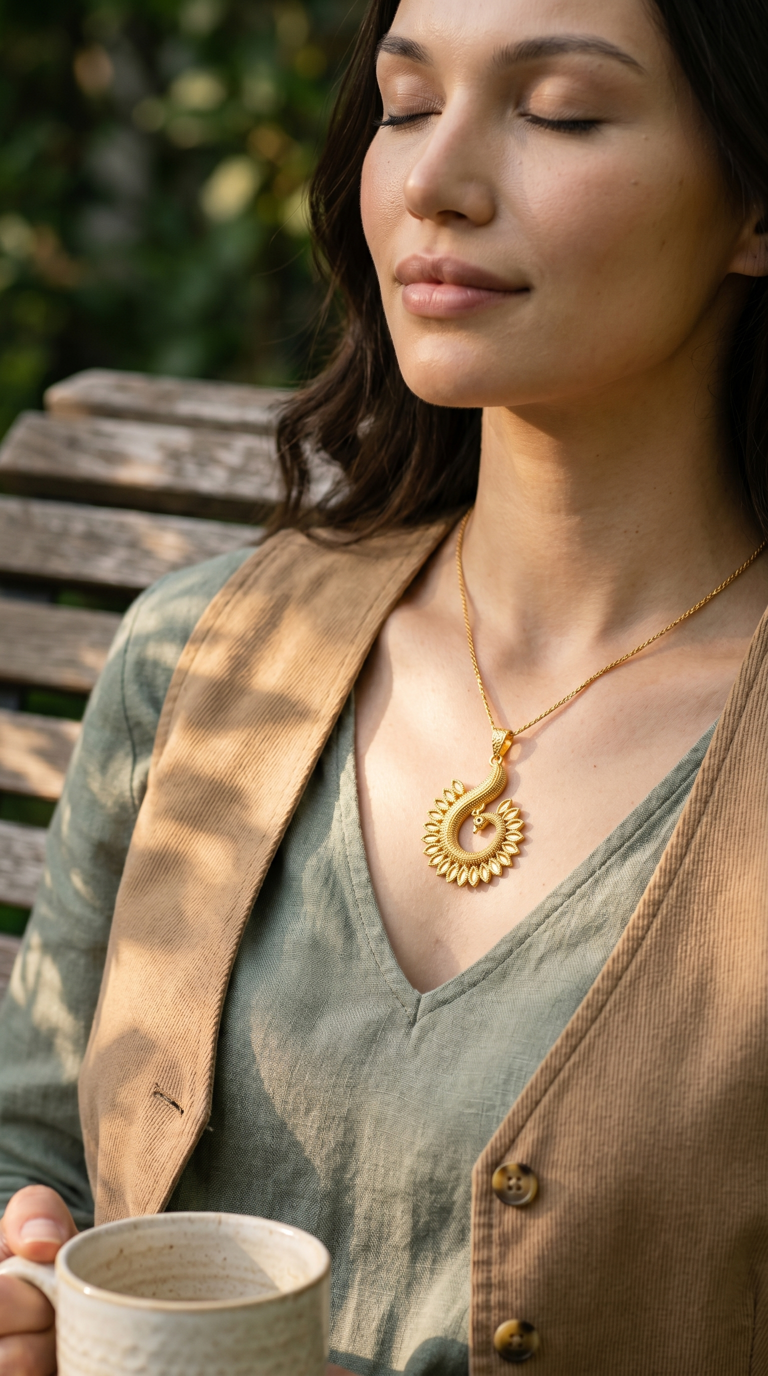 Peacock Spiral Filigree 22K Gold Pendant
