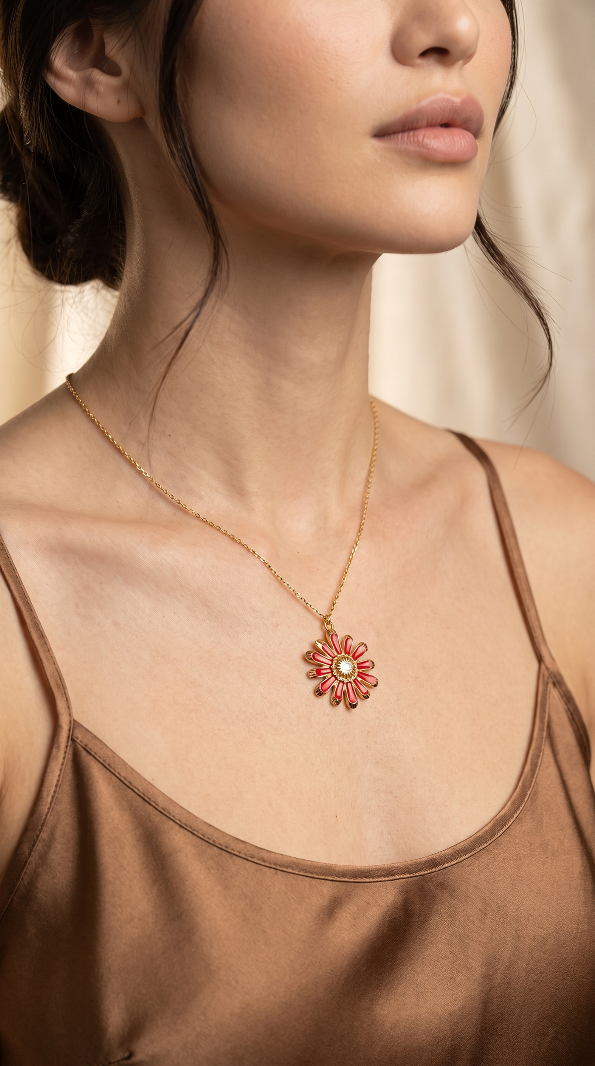 Red Daisy Medallion 18K Gold Necklace