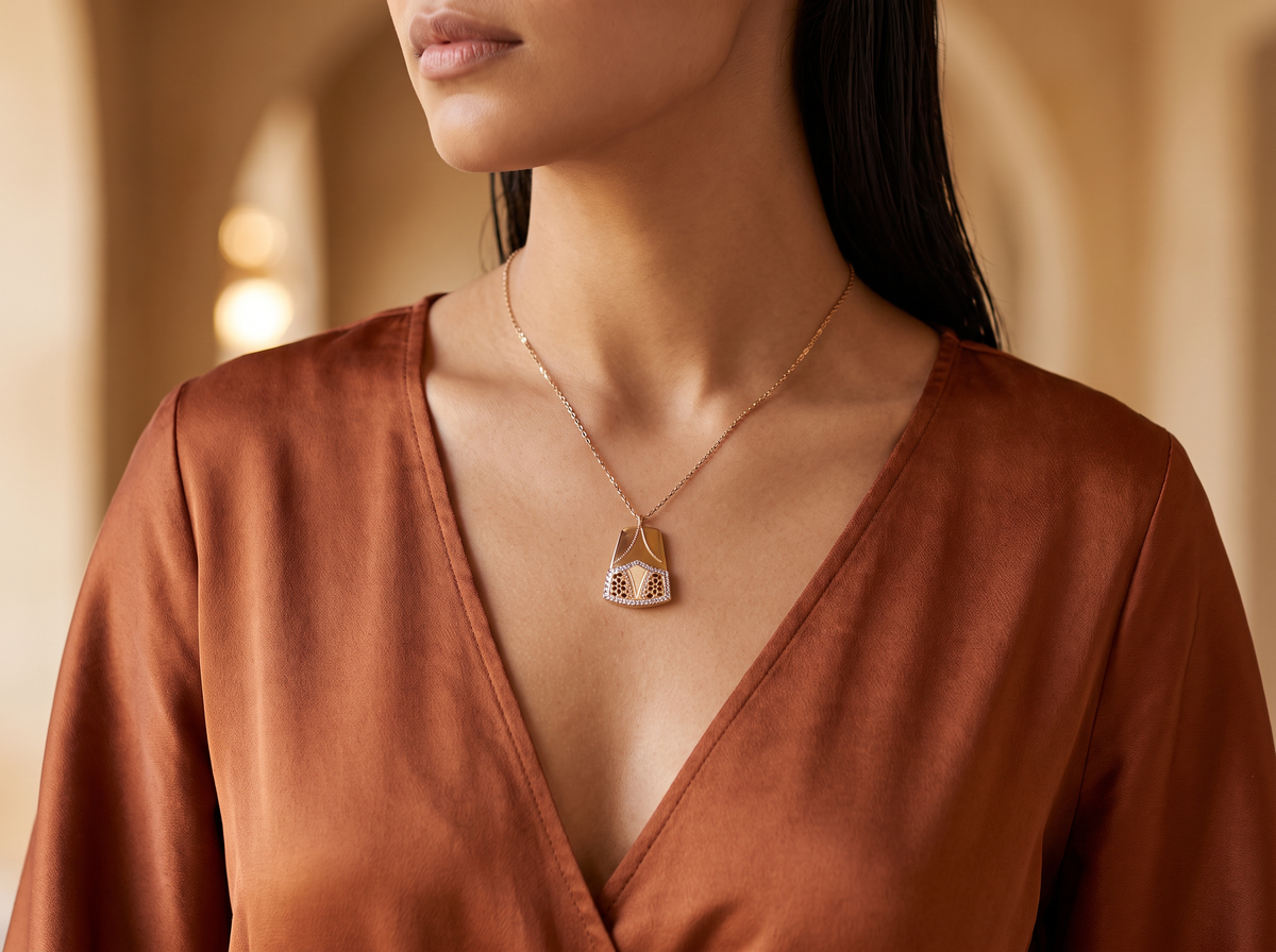 Deco Shield Lattice 18K Gold Trapezoid Pendant Necklace